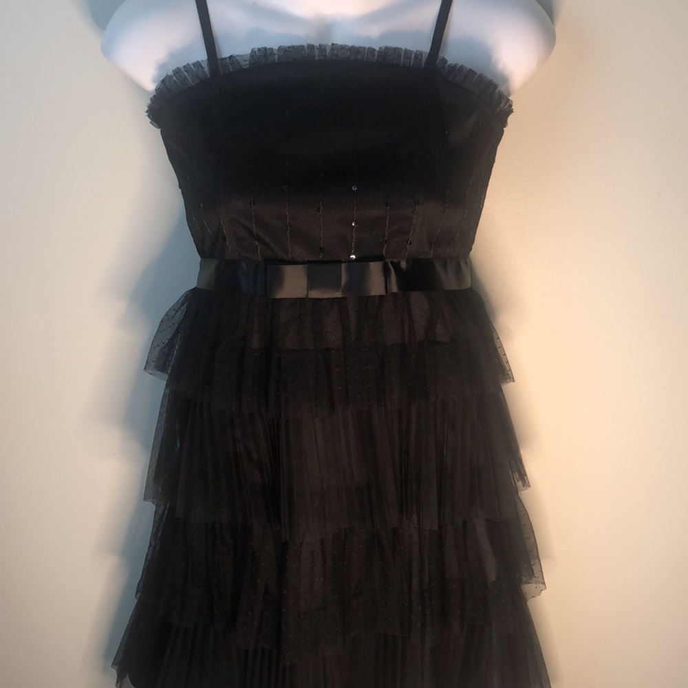 Black Shoulder Strapped Dress with 4-Tiered/Pleated Lace & Satin Style (NWOT)